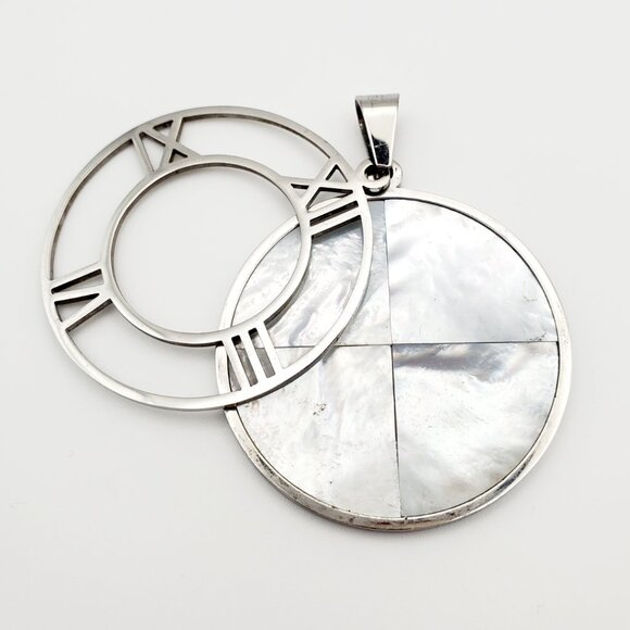 Large Mother of Pearl Clock Silver Pendant Stainless Steel Roman Numerals Sleek - Picture 2 of 7